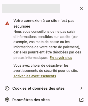 Exemple de message d'un site internet non sécurisé