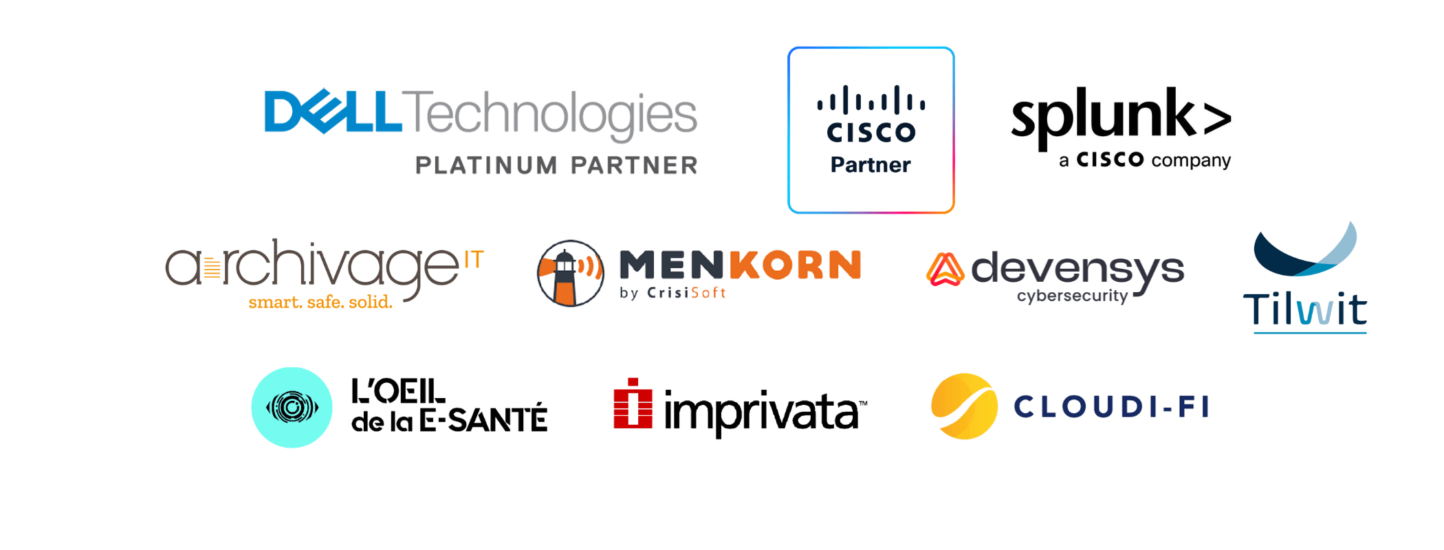 Partenaires adista : devensys-cybersecurity, Dell Technologies platinium partner, Cisco Partner, Crisisoft, ArchivageIT, L'oeil de la E-Santé, Imprivata, Cloudi-fi, Tilwit.